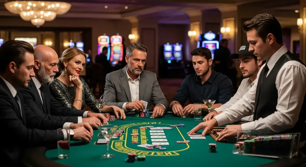 Reactoonz Leute spielen Poker mit Dealer an grünem Casinotisch