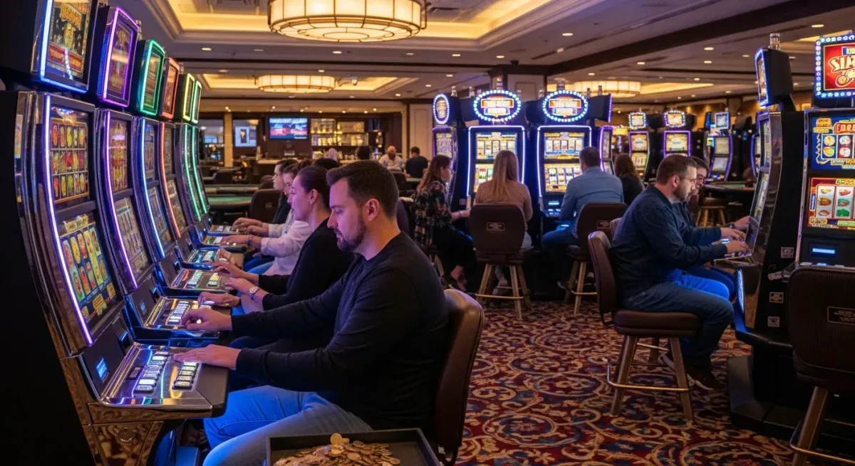 Reactoonz Gäste spielen an beleuchteten Spielautomaten in einem Casino