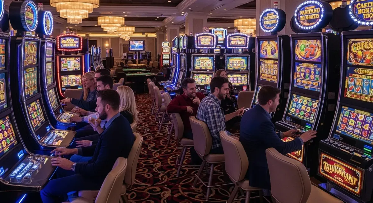 Reactoonz Gäste spielen an beleuchteten Spielautomaten im geschäftigen Casino