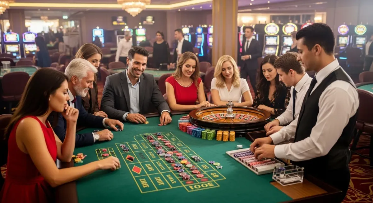 Reactoonz Elegant gekleidete Spieler und Croupier am Roulettetisch im Casino