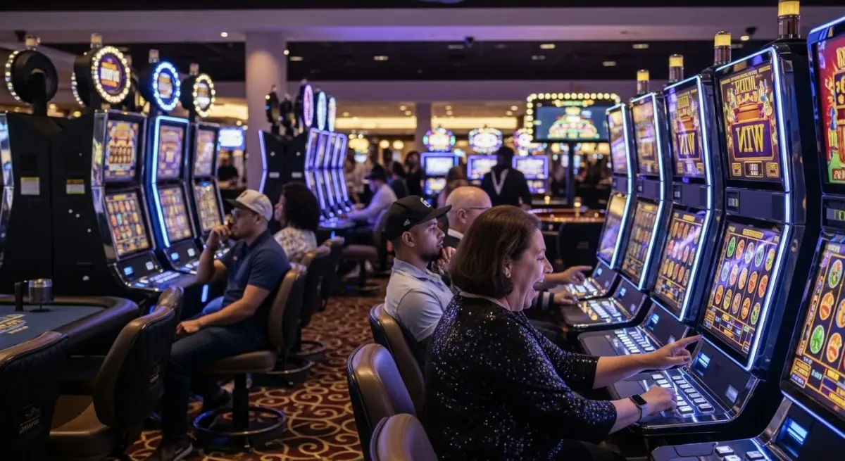 Reactoonz Menschen spielen an Glücksspielautomaten im hell beleuchteten Kasino