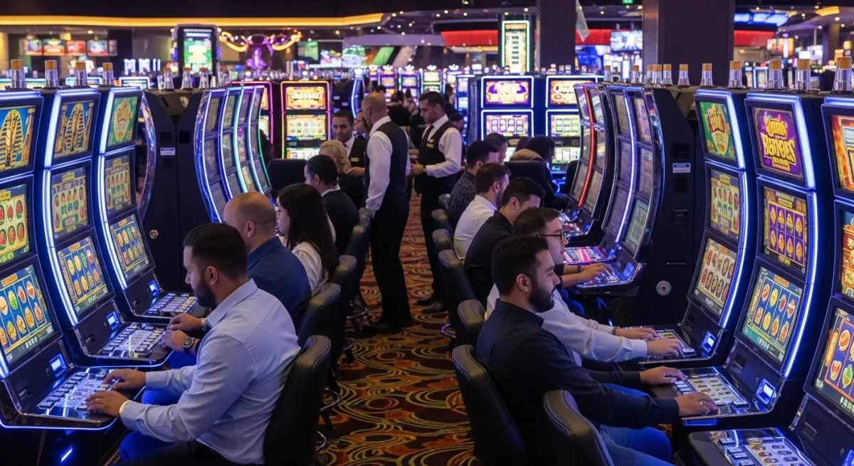 Reactoonz Leute spielen Spielautomaten in einem geschäftigen Casino