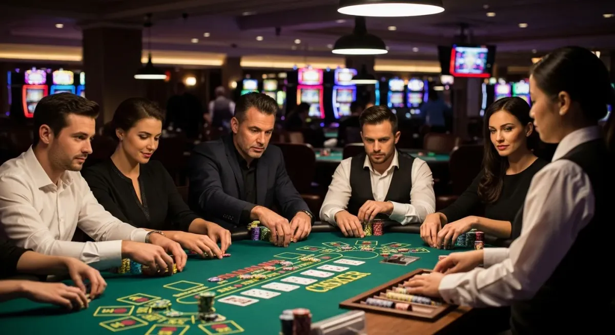 Reactoonz Gruppe spielt Kartenspiel mit Jetons und Croupier am Casino-Tisch