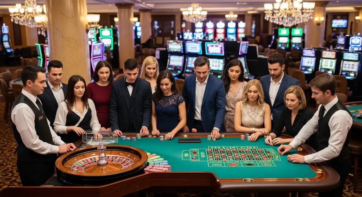 Reactoonz Gruppe von Menschen spielt Roulette mit Croupier im Casino