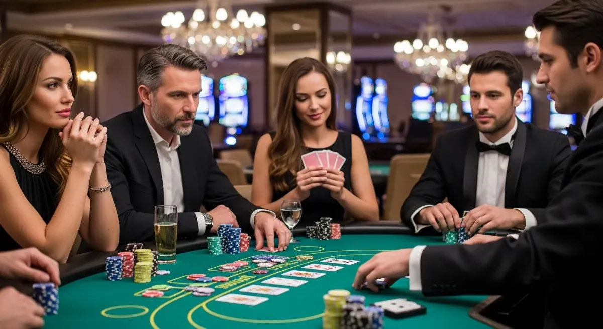 Reactoonz Elegante Gruppe spielt Poker am grünen Casinotisch mit Chips