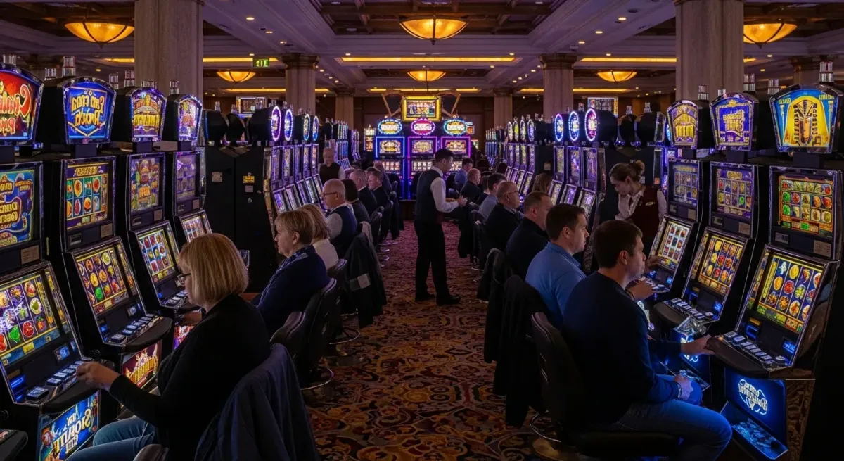 Reactoonz Gäste spielen an leuchtenden Spielautomaten im großen Casino