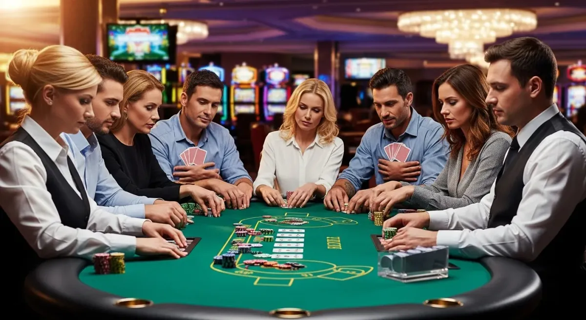 Reactoonz Mehrere Personen spielen Poker an einem grünen Casinotisch